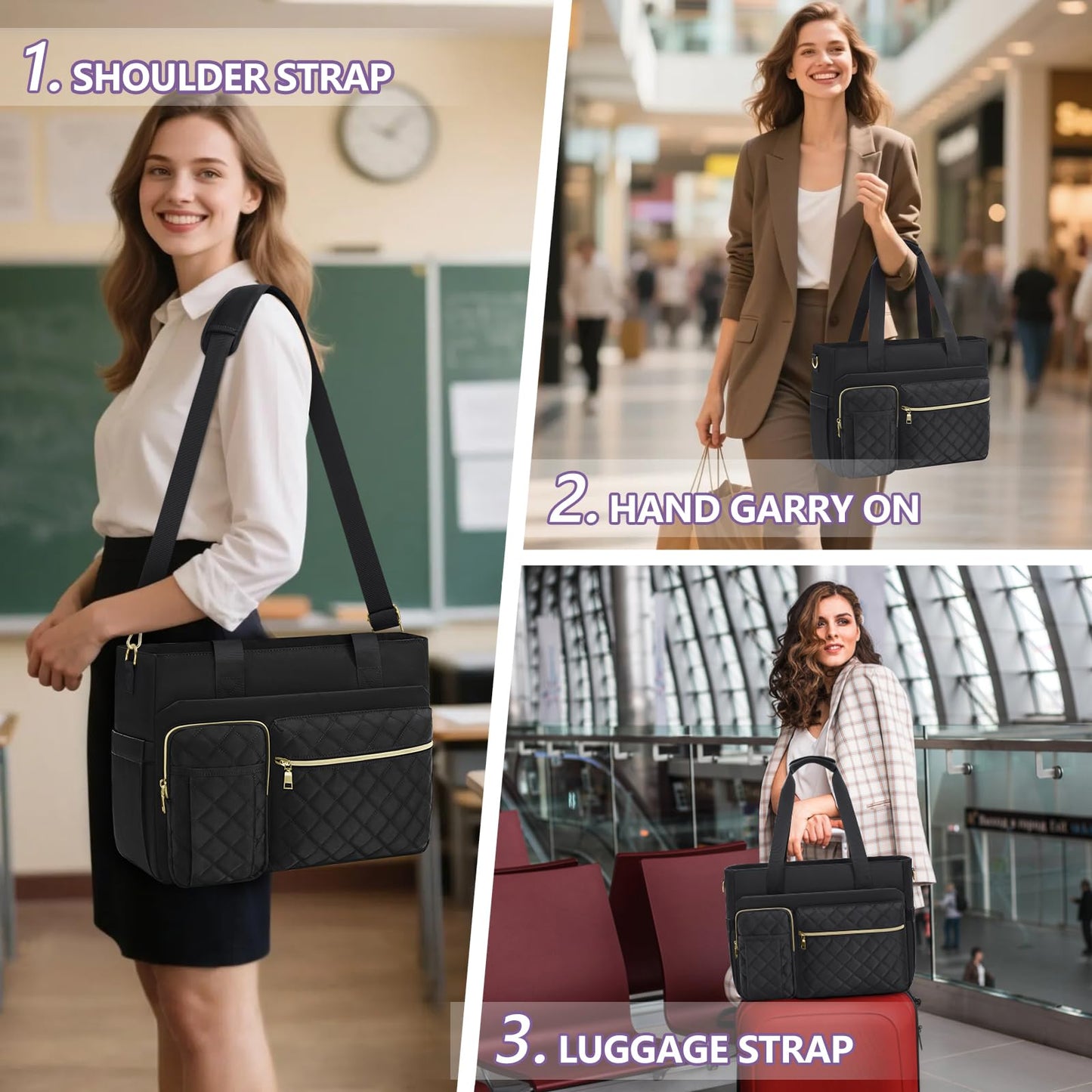 SDYSM Teacher Tote Bag 15.6 inch Laptop Bag Work Bags for Women Nurse Tote Professional Computer Messenger Shoulder Bags Laptop Briefcase for Office, College, Nursing, Black