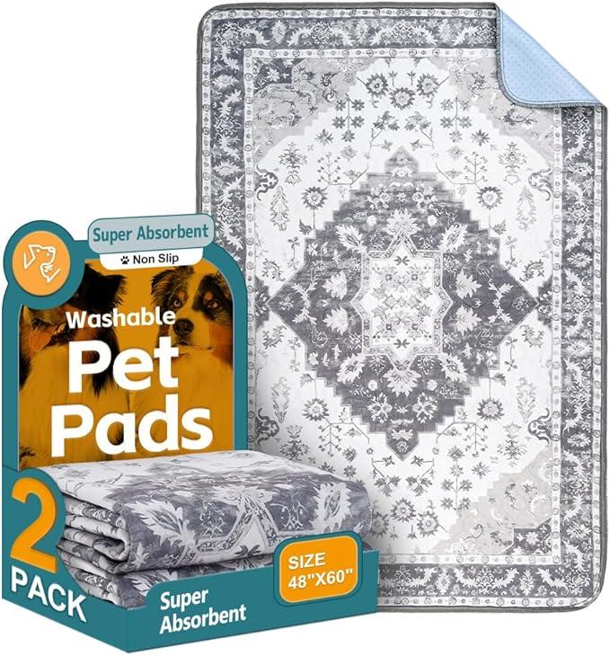 Washable Pee Pads for Dogs, 2 Pack Reusable Puppy Training Pads 60"x48" Super Absorbent Waterproof Dog Training Pads, Non-Slip Potty Pads, Whelping Pads Litter Mat Light Grey Medallion