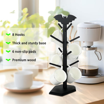 RSSCIIIUL Bat Mug Holder Tree - 8 Hooks Rack for Gothic Home Decor - Wood Mug Tree for Countertop - Cup Holder for Halloween Kitchen Organizer & Coffee Bar Accessories