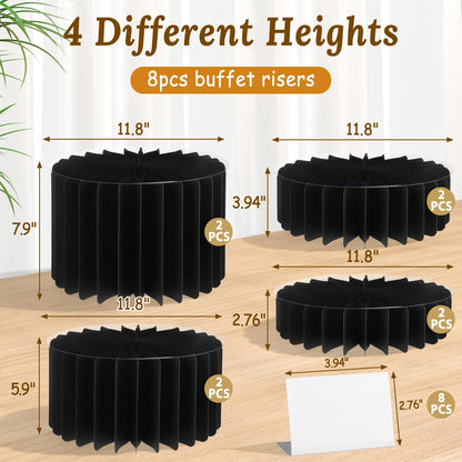 8 Pack Buffet Risers Display Stands, Foldable Food Risers for Buffet Table, Tall Cake Cupcake Stands, Cardboard Cylinder Stand, Dessert Table Display Set for Catering, Jewelry, Wedding, Party Decor (Black)
