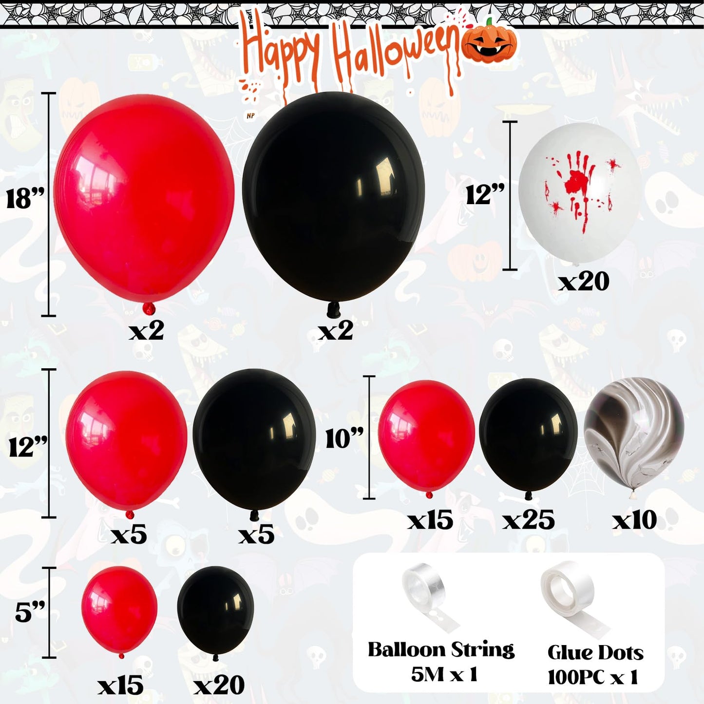 Halloween Balloons Garland Arch Kit, 125 PC Red Black Scary Balloons with Marble Bloody Hand Prints, Horror Decorations for Scream Creepy Gothic Halloween