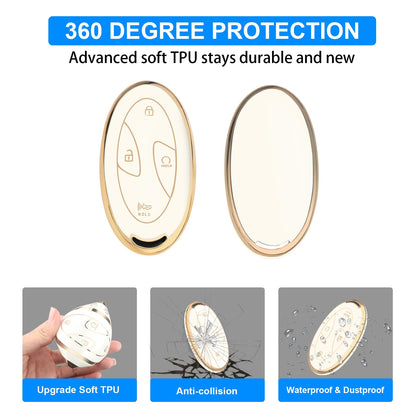 QBUC for Car Key Fob Cover,TPU 360 Degree Car Key Case Protector with Leather Keychain,7 Buttons smart key(White)