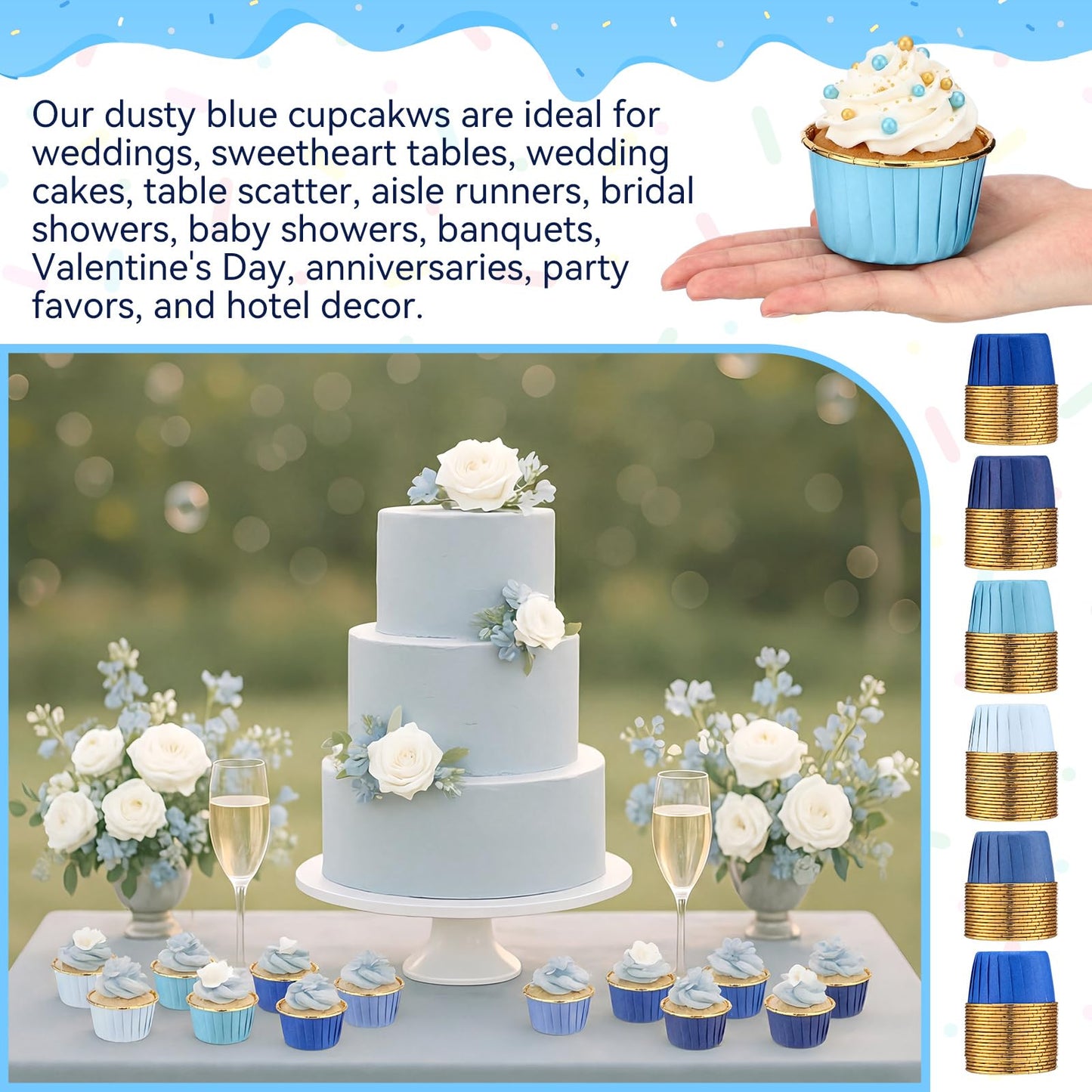 Geiserailie 100 Pcs Dusty Blue Cupcake Liners Blue Cupcake Foil Wrappers Snack Bowls for Parties Wedding Bridal Shower Birthday Supplies