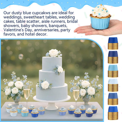 Geiserailie 100 Pcs Dusty Blue Cupcake Liners Blue Cupcake Foil Wrappers Snack Bowls for Parties Wedding Bridal Shower Birthday Supplies