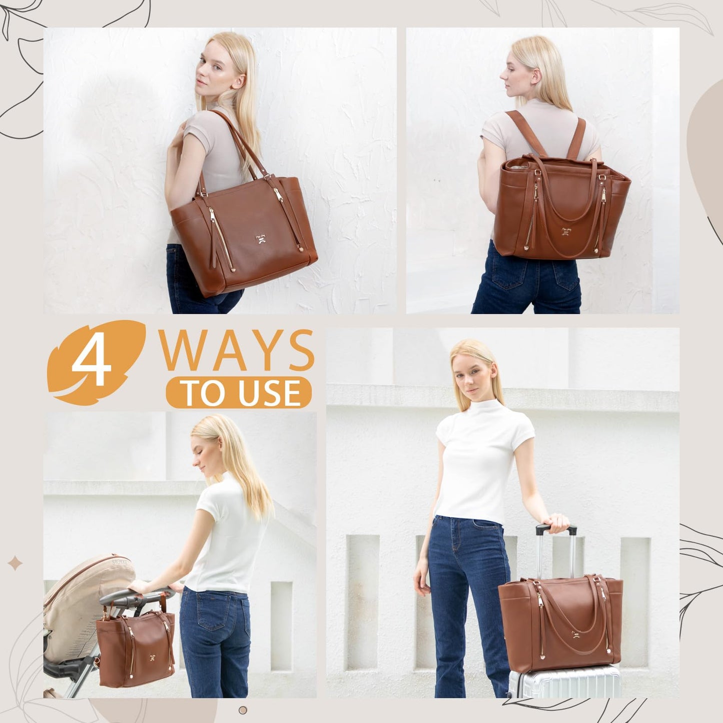 miss fong Diaper Bag Tote Leather Diaper Bag Backpack, Large Capacity Mommy Bag Hospital Bag, 12 Pockets Travel Diaper Tote with Changing Pad Pañaleras Para Bebe for Mom & Dad-Brown