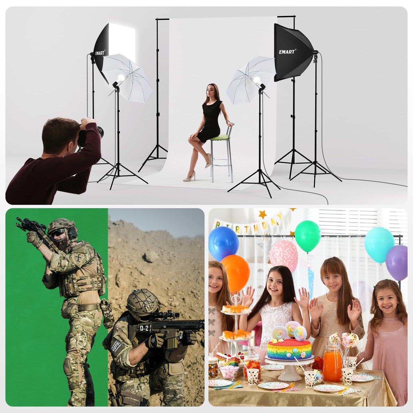 EMART 8.5 x 10 ft Backdrop Support System, Professional Photography Lighting Kit with 5500K 50W LED, 6 * 9ft Backdrop *3, Reflector,Umbrellas&Softbox Lighting Kit for Studio, Portrait, Video Shooting