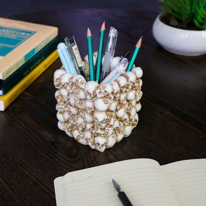 BowBei Halloween Decor Skull Pen Holder - Goth Human Skull Makeup Accessory Brush Holder for Desk Gothic Spooky Pencil Cup Desktop Storage box Organizer for Home Office Women Man Birthday Gift