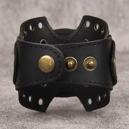 GelConnie Womens Black Leather Cuff Bracelet Wide Leather Biker Cuff Bracelet for Men Star Studded Punk Rock Wristband Gothic Bracelets