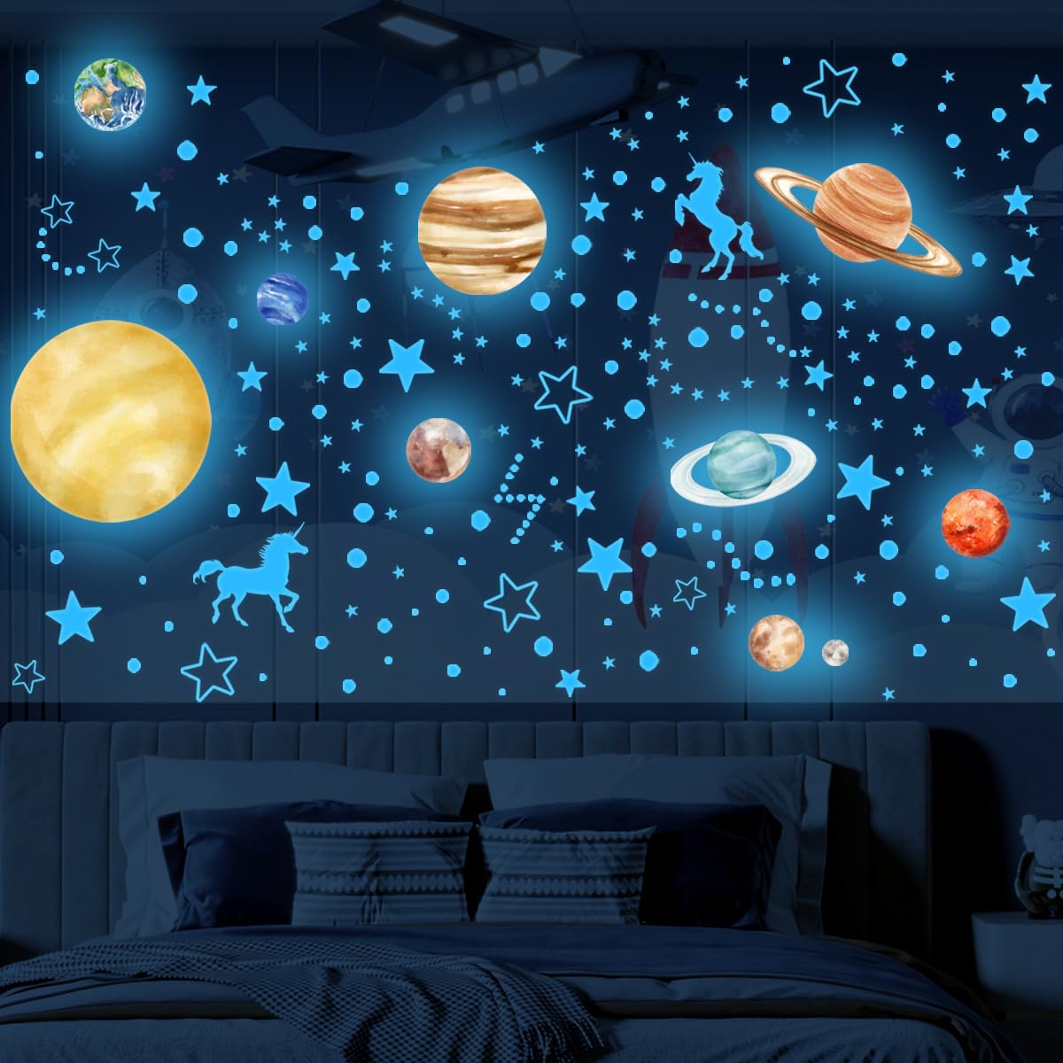 Glow in The Dark Stars and Planets Wall Decals Bright Solar System Wall StickersSpace Stickers for Kids Room Decor (Blue) Birthday Christmas Gift for Boys and Girls