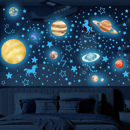 Glow in The Dark Stars and Planets Wall Decals Bright Solar System Wall StickersSpace Stickers for Kids Room Decor (Blue) Birthday Christmas Gift for Boys and Girls