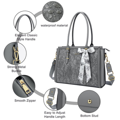 MOSISO Laptop Bag for Women, 17-17.3 inch PU Leather Tote Bag Compatible with MacBook, HP, Dell, Asus Notebook, Front Embossed Retro Hibiscus Computer Bags with Silk Scarf&Clutch Purse, Gray