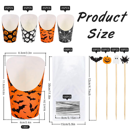 Whaline 100 Sets Halloween Charcuterie Cups with Sticks Bags Twist Ties 14Oz Black-Orange Ghost Pumpkin Bat Spider Web French Fry Holder for Trick or Treat Party Supplies