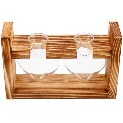 Unomor Wooden Stand Glass Terrarium Plant Holder Heart Shaped Vase Hydroponic Indoor Garden Decor with 2 Glass Containers for Home Office