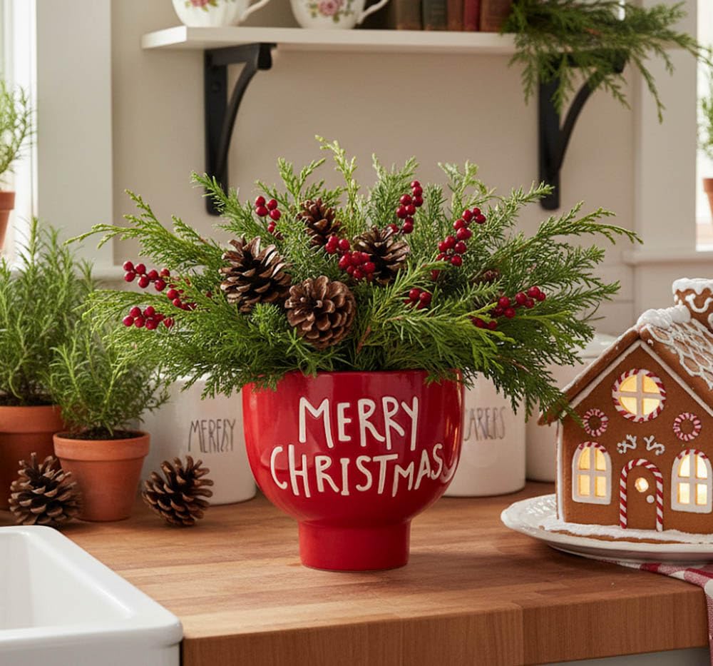 Napco 53032 Merry Christmas Red, White 5.5 x 5.25 Inches Ceramic Footed Indoor/Outdoor Planter Pot