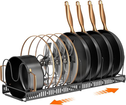 MUDEELA Pots and Pans Organizer Rack for under Cabinet, Expandable 11.81''-22.85'' Pot Lid Kitchen Cabinet Organizer Holder with 10 Adjustable Compartment Cutting Board Organizer for Pan Lid, Bakeware