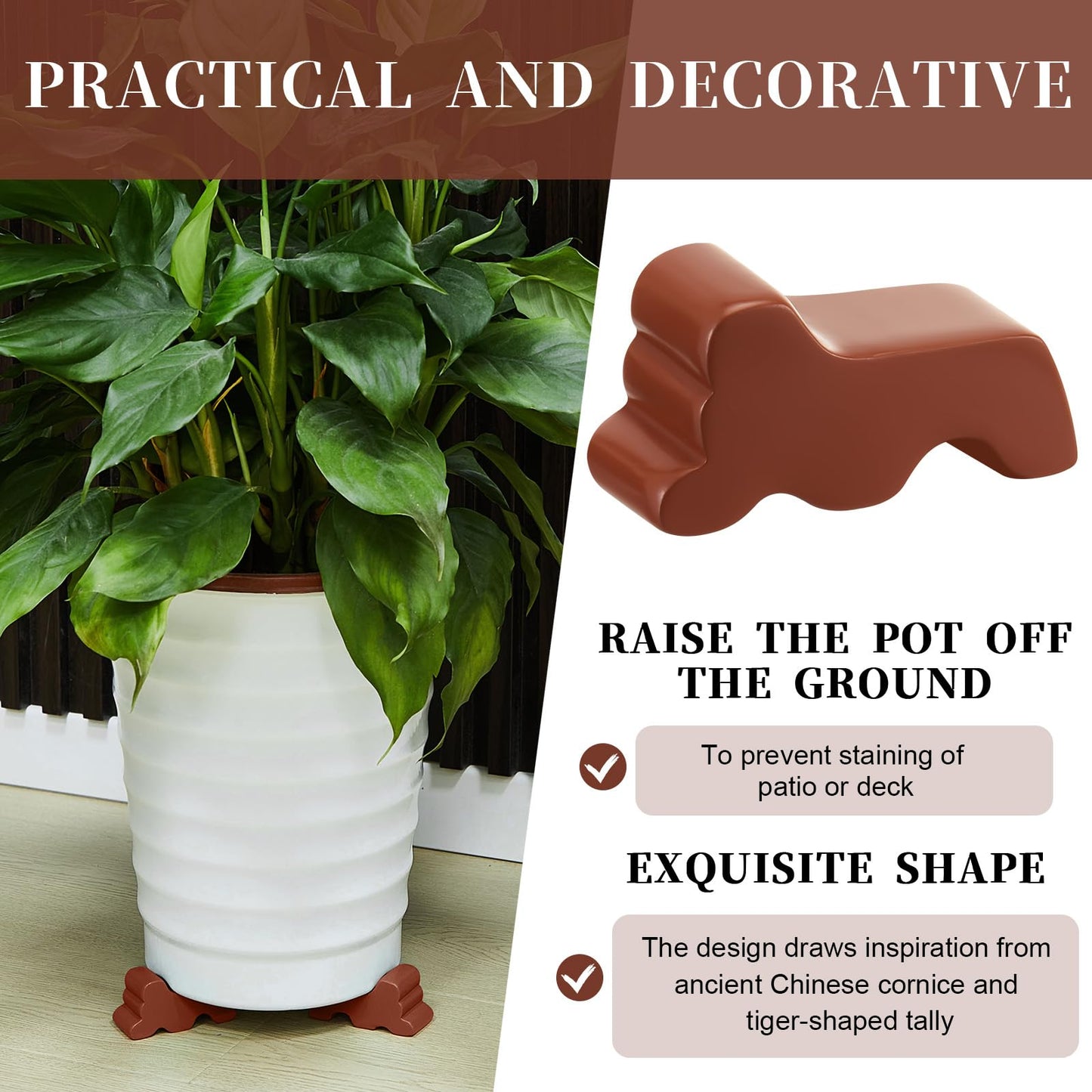 Kigeli 6 Pcs Resin Garden Pot Feet for Outdoor Planters 3 Inch Long 1.5 Inch Tall Flower Handmade Elevator Plant Feet Frost Proof Lifter for 14-20 in Pot(Brown)