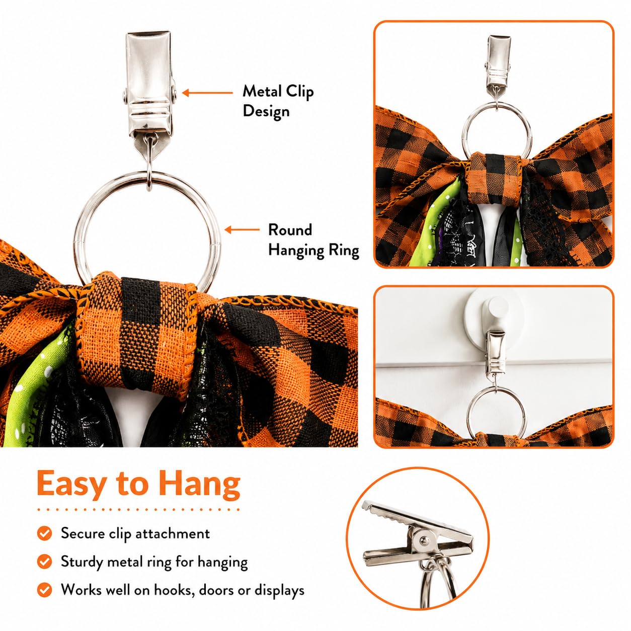 Halloween Wreath Sash Front Door Ribbon Bow Large Orange Black Buffalo Plaid Purple Spider Web Cat Streamer Fall Porch Decoration