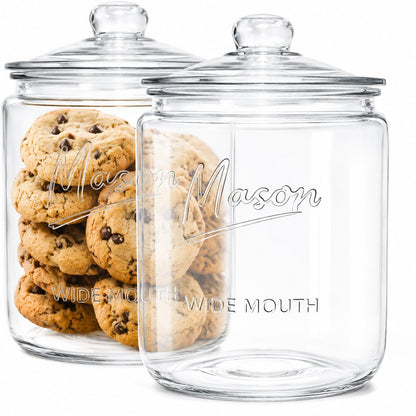 1 Gallon Mason Glass Cookie Jar with Lid – Wide Mouth Glass Storage Jar with Embossed Mason Logo, Airtight Pantry Container with Measurement Markings for Cookies, Candy, Flour & Dog Treats – Pack of 2