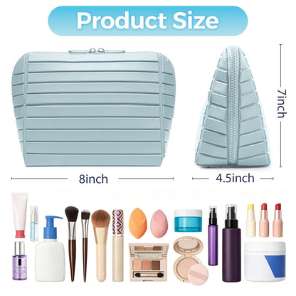 Travel Makeup Organizer Bag with Fold-Down Design and Adjustable Dividers, 27 Pockets & 3 Brush Storage Holders, Large Capacity Cosmetic Bags Toiletry Case - Light blue