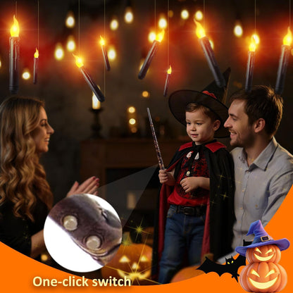 Floating Candles with Magic Wand Remote - 12 Pack Black Battery Operated Flickering Hanging Flameless LED Candle Lights,Realistic Taper Candles with String for Halloween,Christmas,Windows,Ceiling