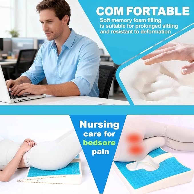 Gel Wheelchair Seat Cushion,Bed Sore Cushions for Butt,Memory Foam hemorrhoid Pillow for Chairs,Butt Pillow for Pressure Sore&Ulcer Pain,Sciatica &Coccyx Pain Relief,Washable-Cover(Black)
