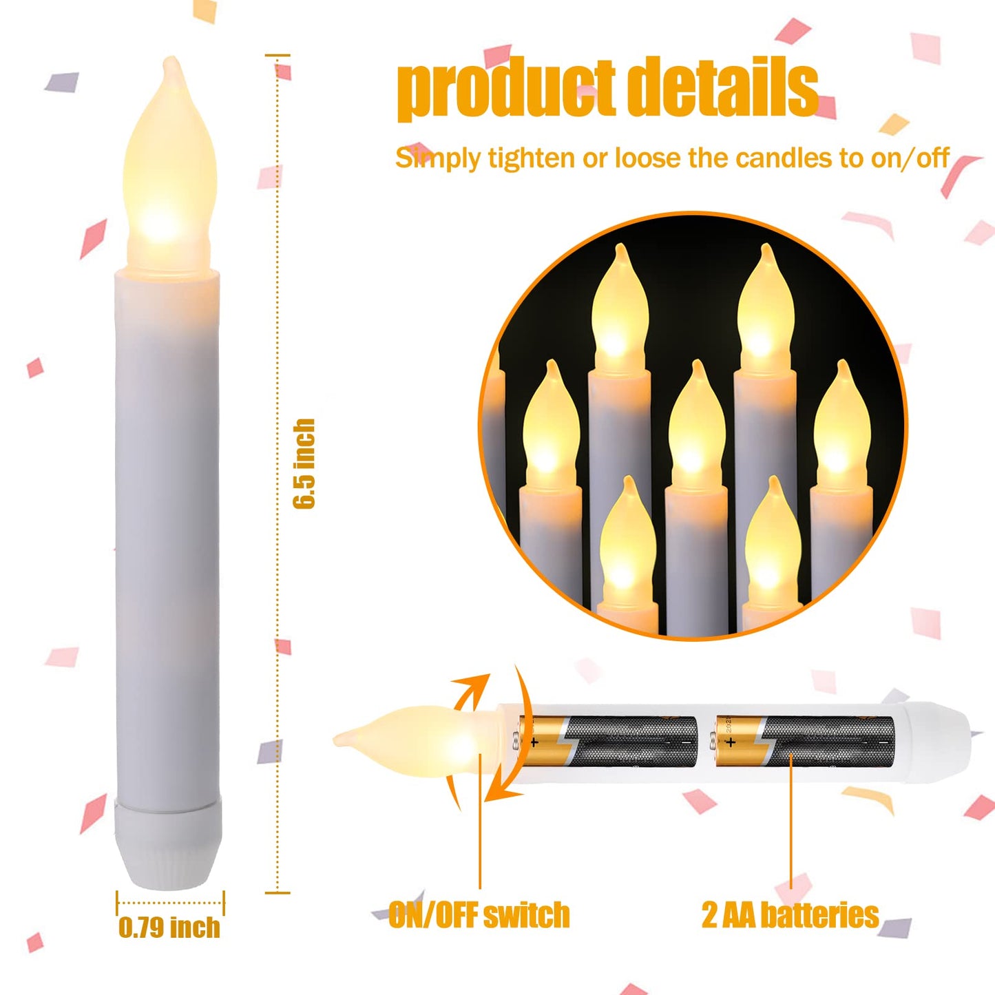 Remagr 12 Pcs Wedding Flameless LED Taper Candles - Floating, Hanging, 6.5 Battery Operated with Flickering Effect & Rubber Ring for Halloween Christmas Decor(Warm White)