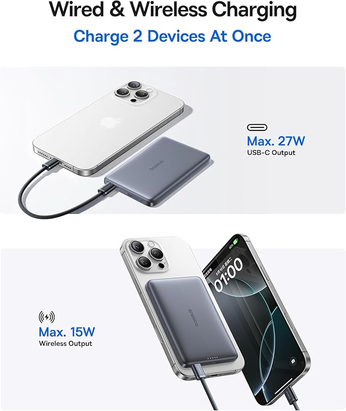Baseus Picogo Magsafe Portable Charger, Qi2 15W 0.5" Ultra Slim 10000mAh Wireless Power Bank, 27W Fast Charging Magnetic Battery Pack with USB-C for iPhone 17 Pro Max/17 Pro/Air/16/15/14/13/12