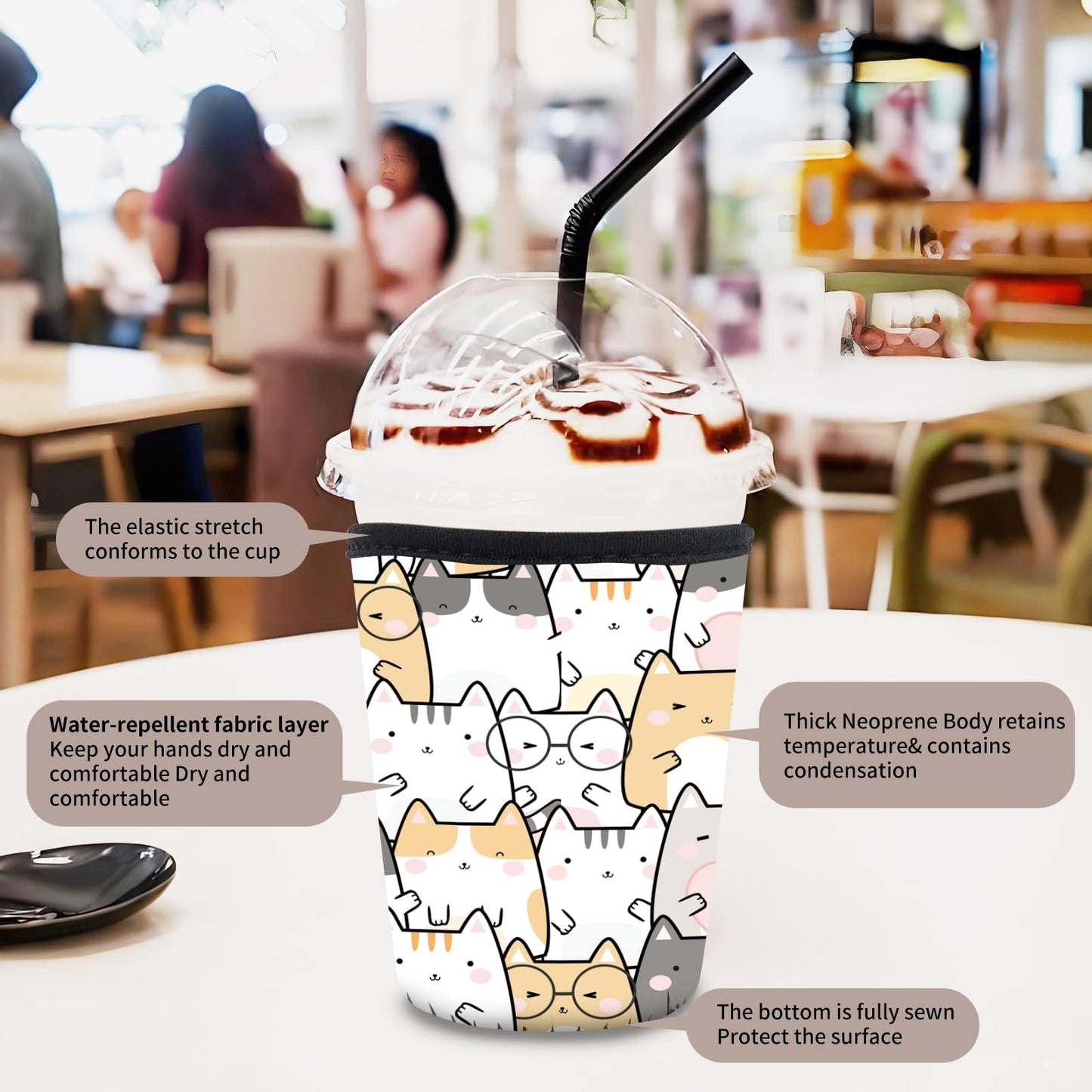 AUEKLLW 3 Pack Reusable Neoprene Insulator Sleeve for Iced Coffee Cups, Funny Coffee Cup Sleeves for 16-32oz Coffee cups, Cute Drink Sleeve for Cold Hot Beverages Cute Cats