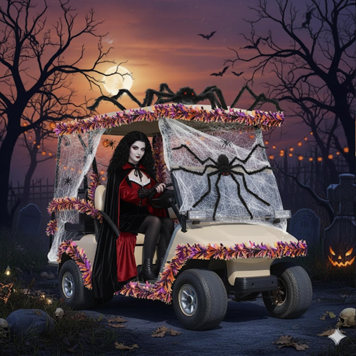 WinnerWhy Halloween Golf Cart Decorations Kit 2 Pcs Giant Spider 4 Pcs Orange Black Purple Garlands with 2 Pack Spider Webs Spooky Golf Cart Decor for Halloween Trunk or Treat Parade