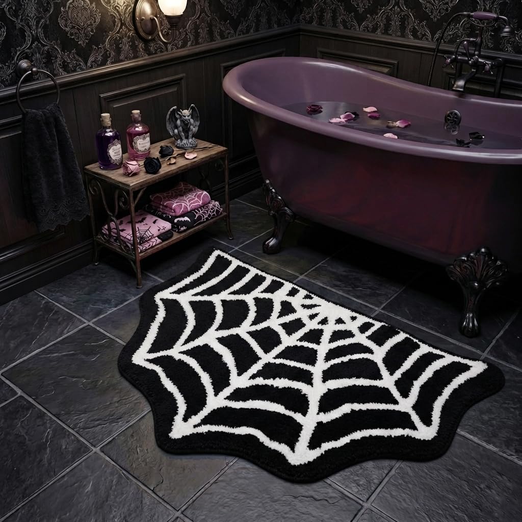 Casasphere Spider Web Bathroom Rugs, Halloween Bath Mat Non-Slip Bath Rug Machine Washable Goth Rug, 31"×20" Small Area Rugs for Front Door Bedroom Kitchen（Black）