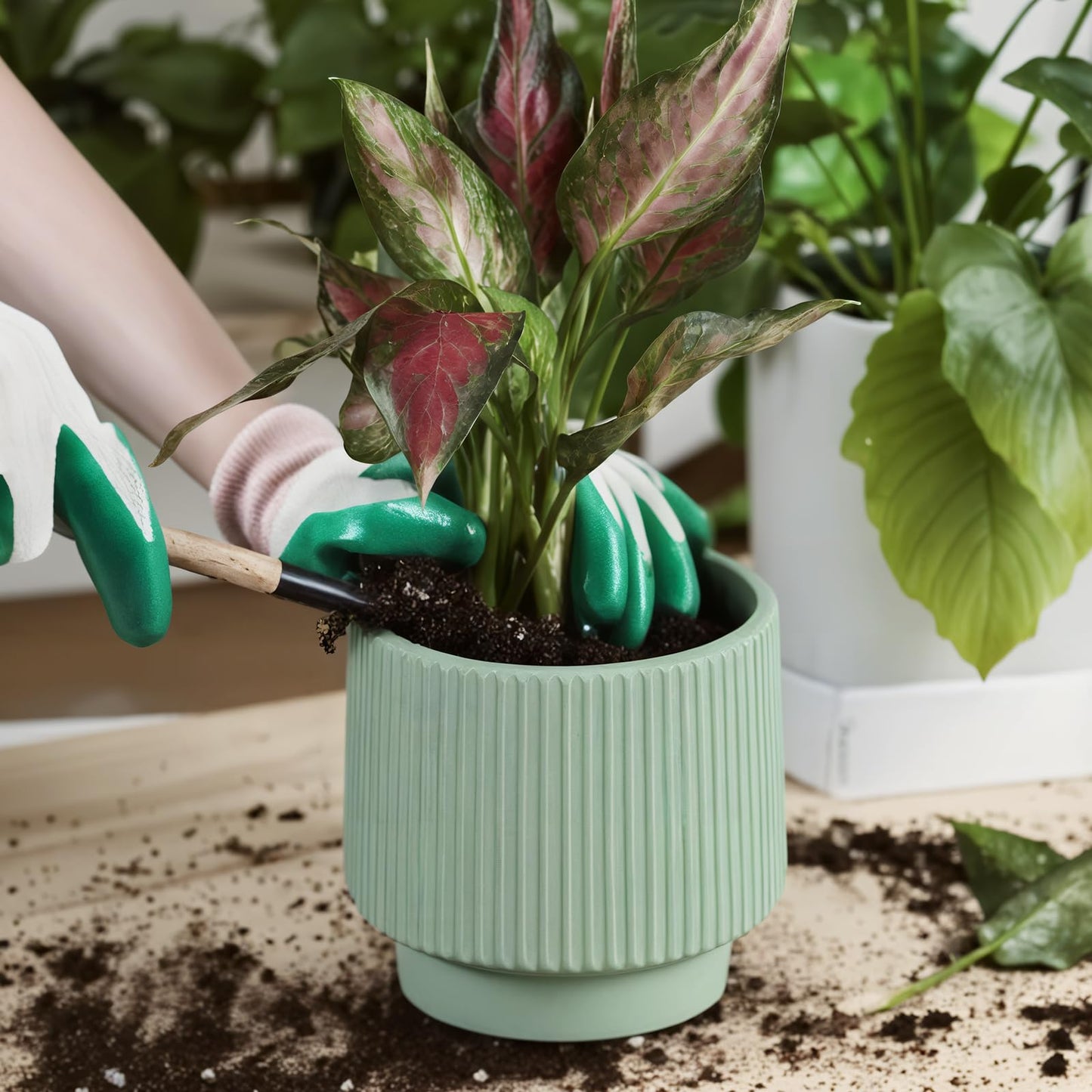 OXART Plant Pots, 8+6+5 Inch Pots for Indoor Plants, Outdoor Indoor Flower Pot with Drainage Holes for Home and Office, Modern Round Ceramic Planters, Set of 3 (Green)