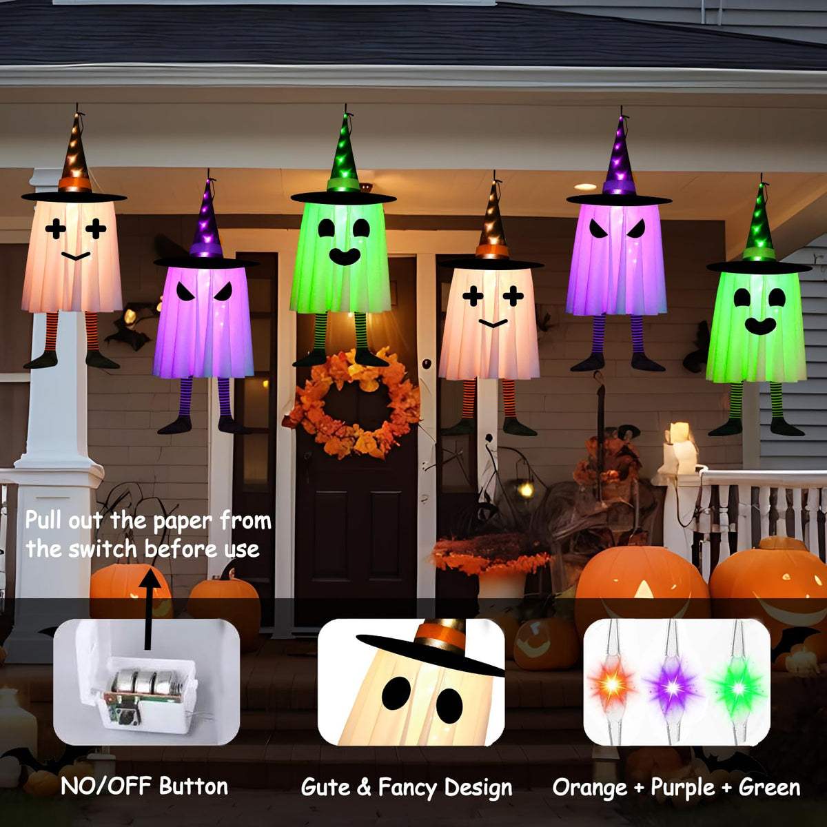 3 Pack Halloween Hanging Ghosts Halloween Decorations Outdoor, Lighted Glowing Ghosts Witch Hat with Orange Purple Green Lights, Light up Ghost for Home Yard Patio Tree