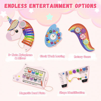 nigwet Unicorn Sensory Wall Panel for Kids - Activity Wall Busy Board Panels, Montessori Toddler Wall Activity Board, Wall Toys for Toddlers 3, Activity Cube, Perfect for Toddler Playroom, Pink