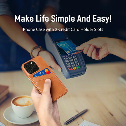 LUCKYCOIN 100% Genuine Leather Wallet Phone Case for iPhone 16 Pro, Slim Design with Card Holder, Shockproof Protective Cover, Microfiber Lining & Metal Buttons, for Men and Women, Tan