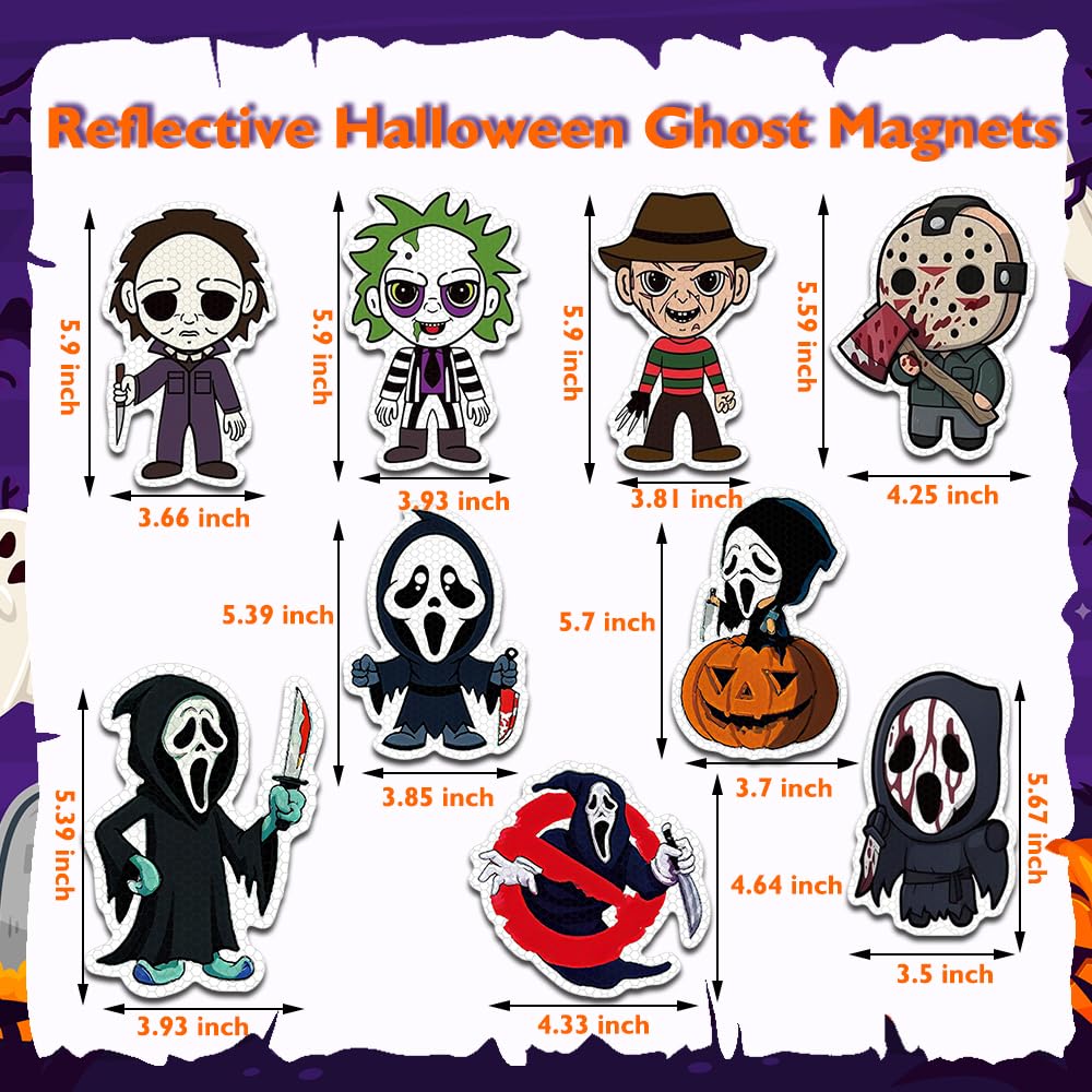 9 Pack Reflective Halloween Car Magnets, Cute Cartoon Ghost Magnetic Bumper Stickers, Horror Halloween Fridge Magnets for Holiday Party, Home, Trunk, Car, Garage Door Décor