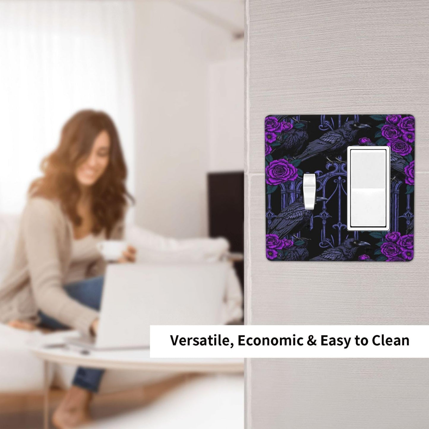 Naiqadnehz Outlet Covers Gothic Style Crow Purple Flowers 1 Toggle 1 Rocker Combination Decorative Wall Plate Light Switch Cover Plate Electrical Switch Plates for Bedroom living Room Decor