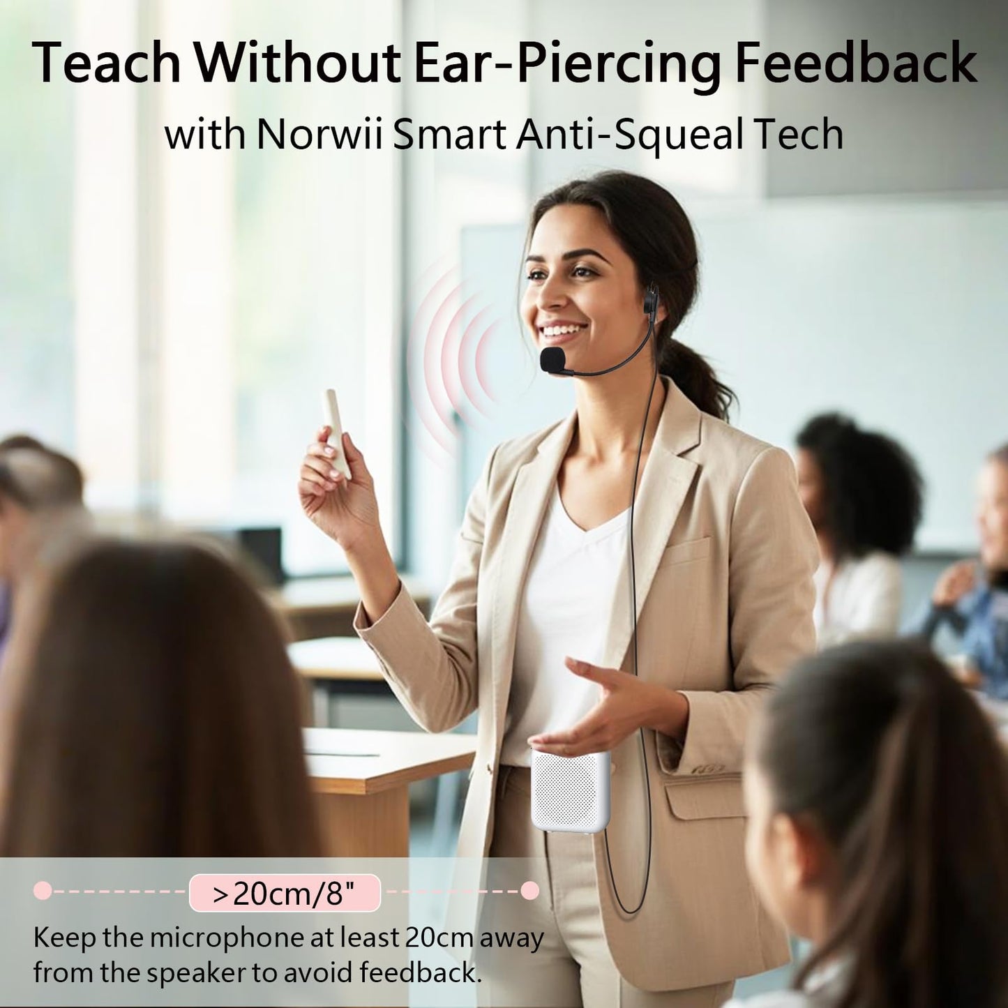 Norwii Bluetooth Voice Amplifier, Power Amplifiers, Portable Mini Wired Microphone Headset for Teacher Classroom & Outdoor Lectures, Teaching, Tour Guides, USB-C Rechargeable - 2000mAh, White