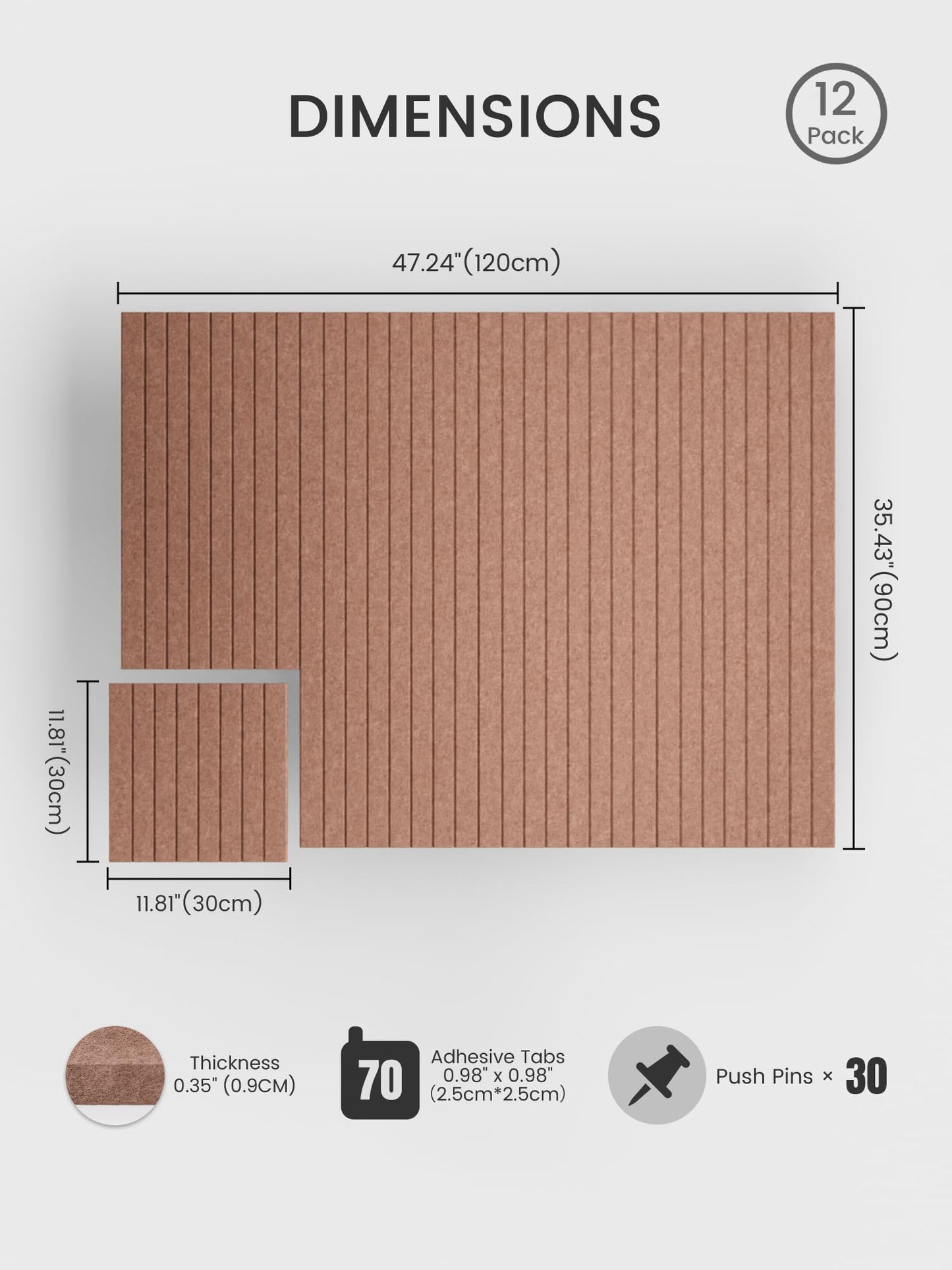 Bumusty Large Cork Board Alternative-48 x 36" Felt Bulletin Board Tiles, with 30 Pushpins, 70 Adhesive Tabs, Fine-Stripe 12-Pack, Cork Boards for Office Push Pin Board Felt Board-Terracotta