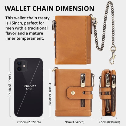 gzcz Mens Wallet with Chain RFID Blocking Genuine Leather Bifold Purse for Men ID Window and Zip Coin Pocket (Brown)