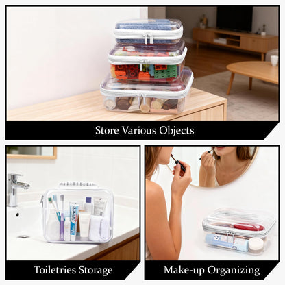 JeeVoya 3 PCS Clear Zipper Pouches with Handle, Diaper Bag Organizer, Clear Makeup Bags Hardshell Toy Storage Bins with Zipper Toiletry Pouch Bag for Cosmetics Pencils Puzzles, Building Blocks(White)