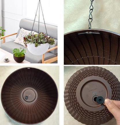 THUSIBER Hanging Basket Plastic Flower Pot Round Resin Garden Hanging Planter for Indoor Outdoor Plants 2 Pack Brown