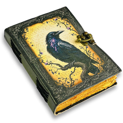 Goth Gifts Raven Crow Leather Journal for Men & Women With Lock, 200 Witchcraft Supplies Books Witchy gifts for women black Grimoire Journal Spell Book Leather Bound Notebook Diary For Halloween 7 X 5