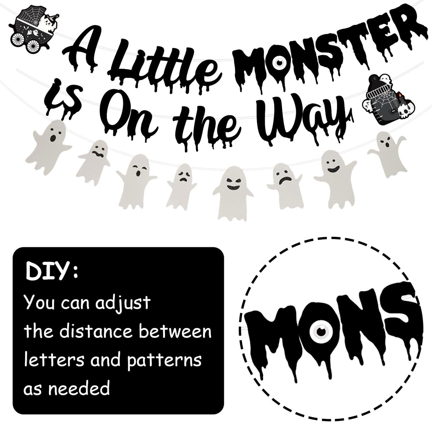 Halloween Gothic Baby Shower Decorations, A Little Monster is on the Way Banner Garland Ghost Bat Little Monster Cake and Cupcake Toppers Balloons Kit for Halloween a Baby Is Brewing Party Supplies