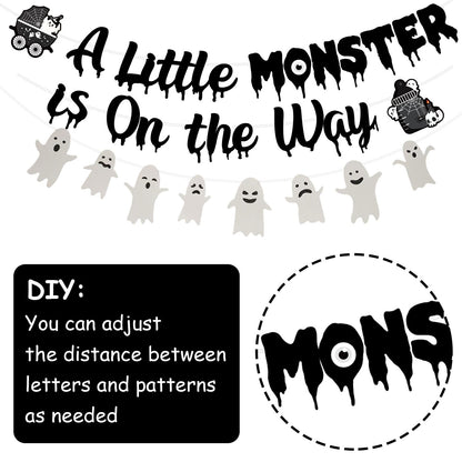 Halloween Gothic Baby Shower Decorations, A Little Monster is on the Way Banner Garland Ghost Bat Little Monster Cake and Cupcake Toppers Balloons Kit for Halloween a Baby Is Brewing Party Supplies