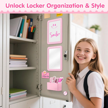 MoKo Locker Accessories Set, 15PCS Back to School Supplies Includes Magnetic Mirror, Whiteboard, Markers, Pen Holder, Magnets, Locker Organizer for School Office (Pink)