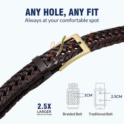 JASGOOD Men's Braided Leather Belt, Braided Woven Belt for Men Casual Jeans with Solid Strap Single Prong Buckle (B-Brown,Suit for Pant Size 32-37 inch)
