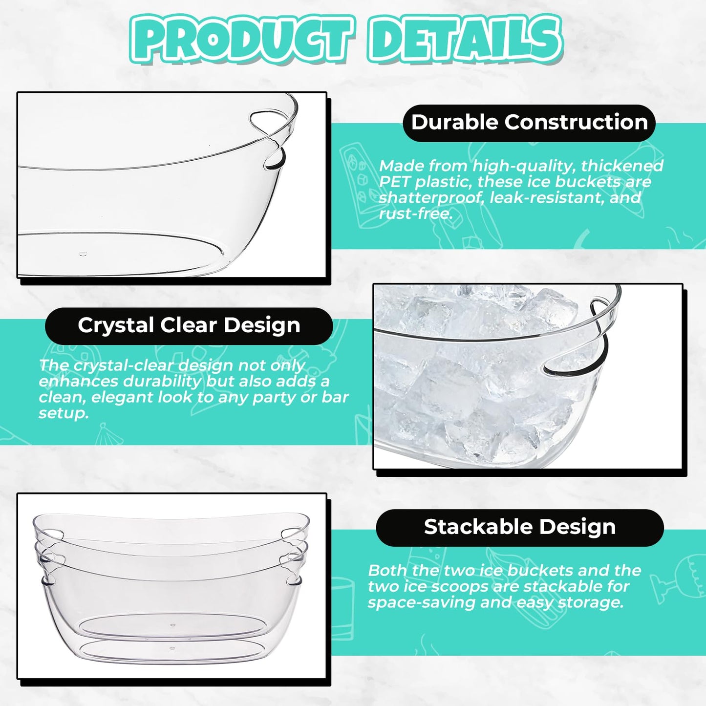FLKQC Ice Buckets 2-Pack, 5L Large Clear Acrylic Beverage Tubs with Scoops, Plastic Champagne Wine Beer Cooler for Parties, Mimosa Bar, Cocktail & Outdoor Events, Beverage Cooling Buckets