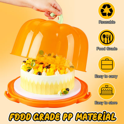 Zhehao 10 Inch Fall Cake Carrier Holds, Pumpkin Cake Stand with Lid and Handle, Halloween Autumn Harvest Plastic Transport Storage Container, Suitable for Transporting Pies, Cupcakes and More(Orange)
