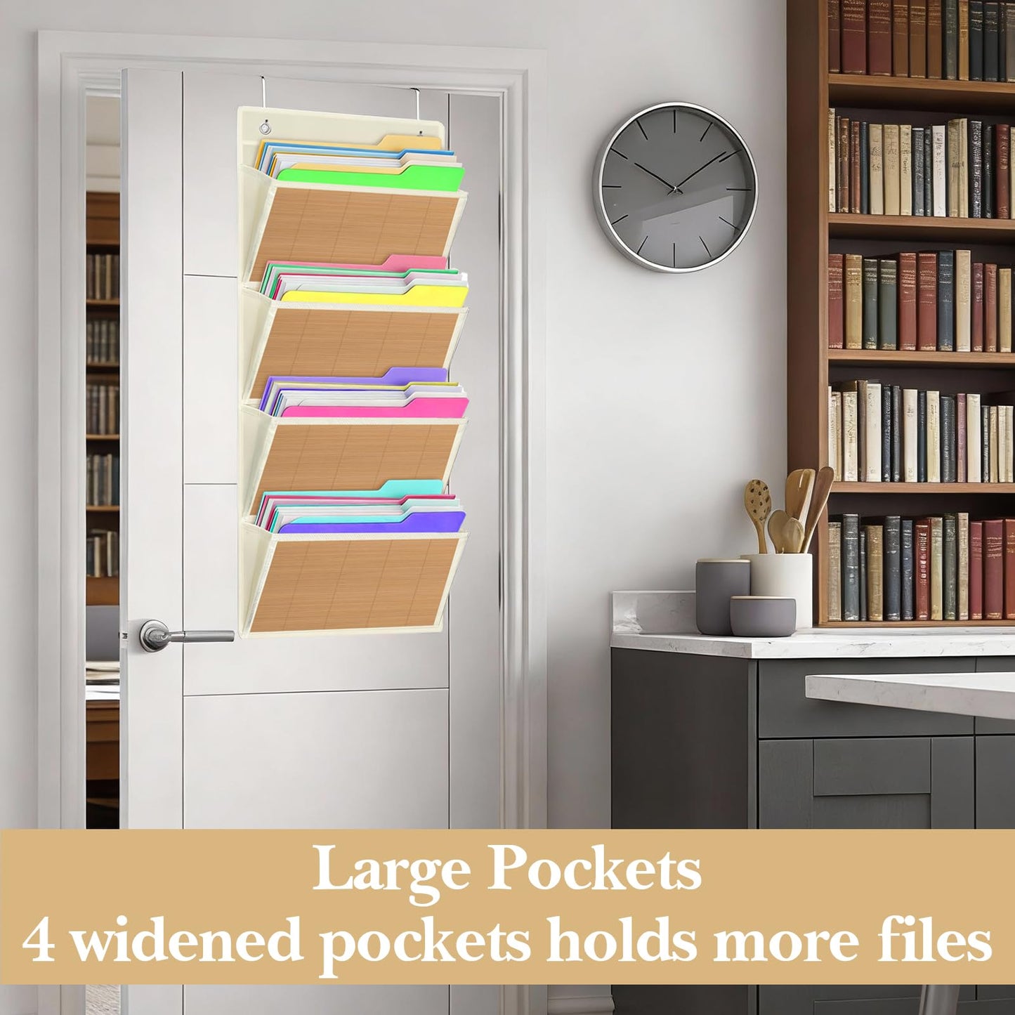 homyfort Over the Door File Organizer, Hanging File Folders, Wall Organizers and Storage for Mail, Magazine, Notebooks, Planners, Office, Classroom, 5 Extra Large Pockets, 50.39” Tall (Grey)