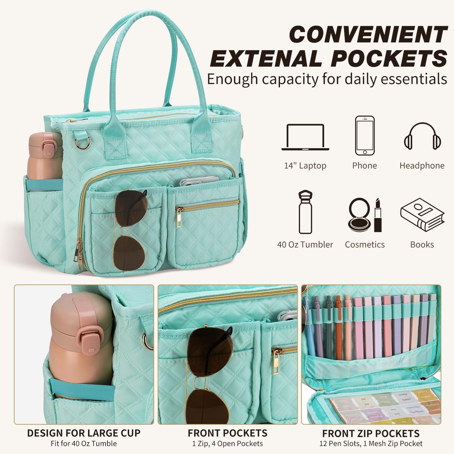 KOPKOFT Large Bible Cover Case for Women, Quilted Church Tote Bag with Shoulder Strap, Bible Study Supplies Journaling Kit Bible Accessories, Christmas Christian Gift for Women (Blue Green)
